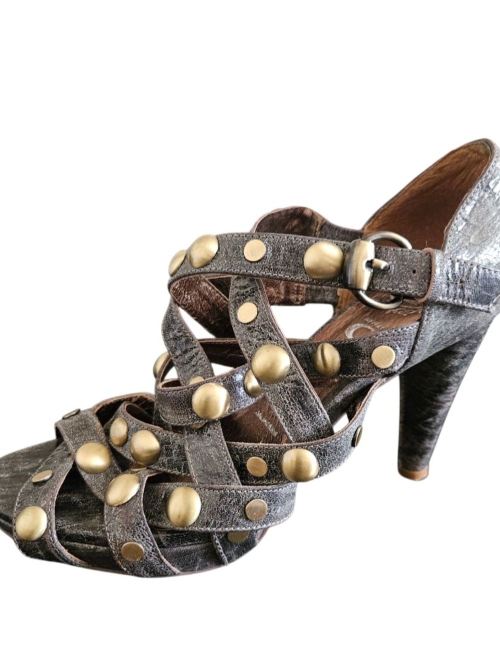 Jeffery Campbell Y2K Leather Studded Metallic Gray Strappy High Heel Sandals 7.5